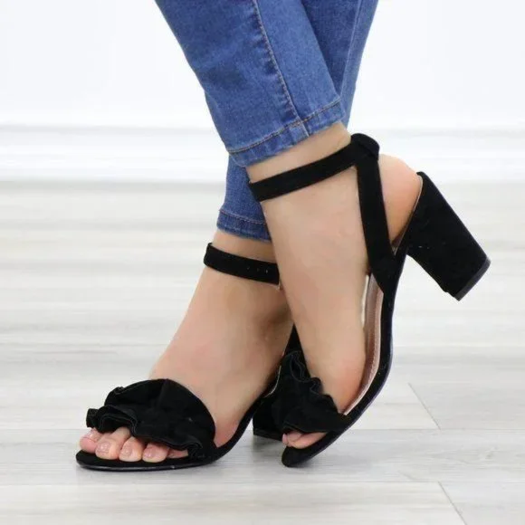 Suede Black Chunky Heel Open Ruffle Toe Sandal - Picture 6 of 10